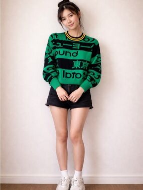 Forever 21 Green & Black Graphic Crewneck Sweater with Yellow Trim